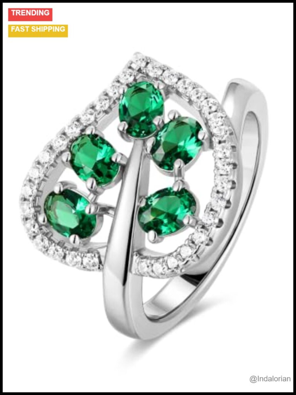 925 Sterling Silver Emerald Leaf Ring for Women